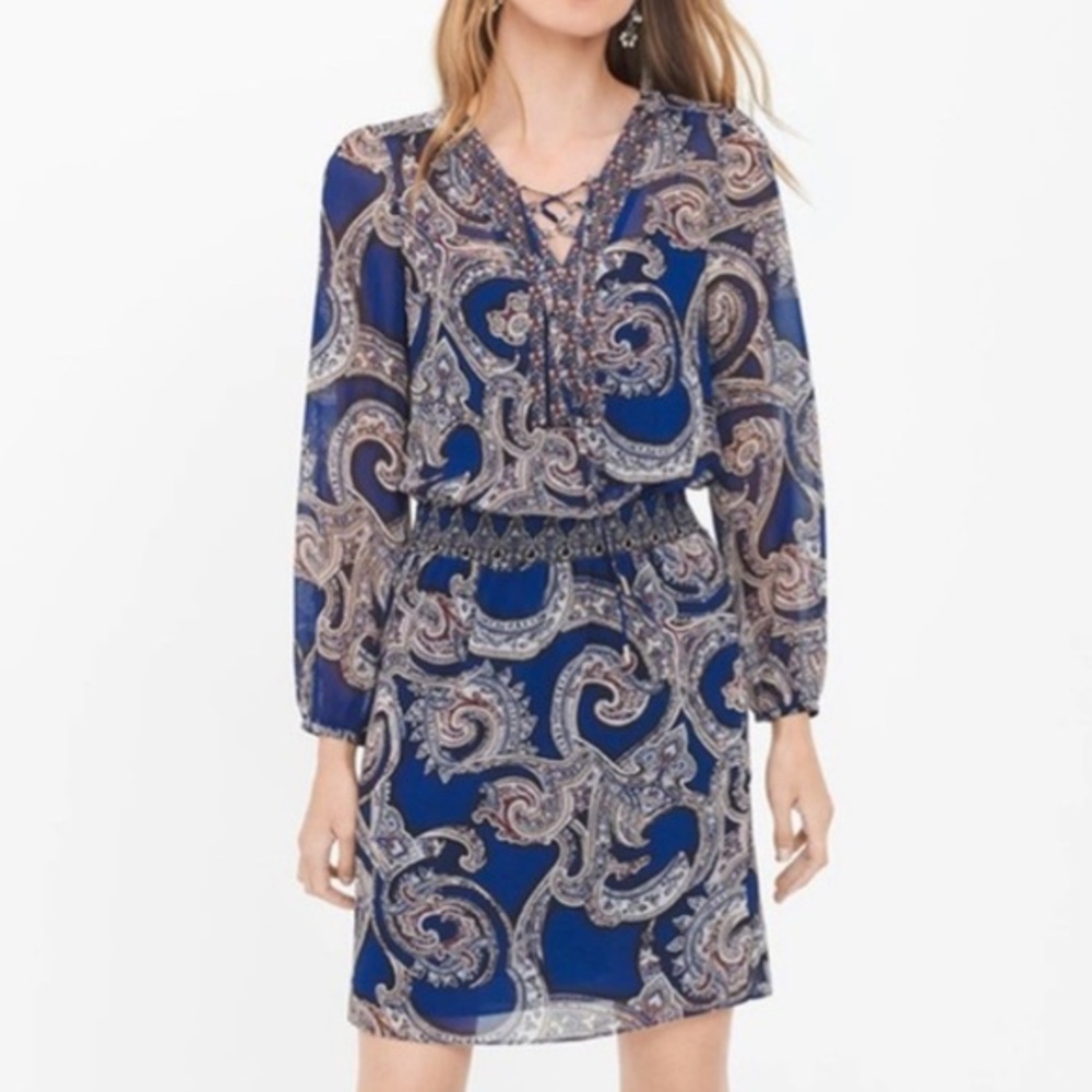 White House Black Market Blue Paisley Cinched Long Sleeve Dress 6P